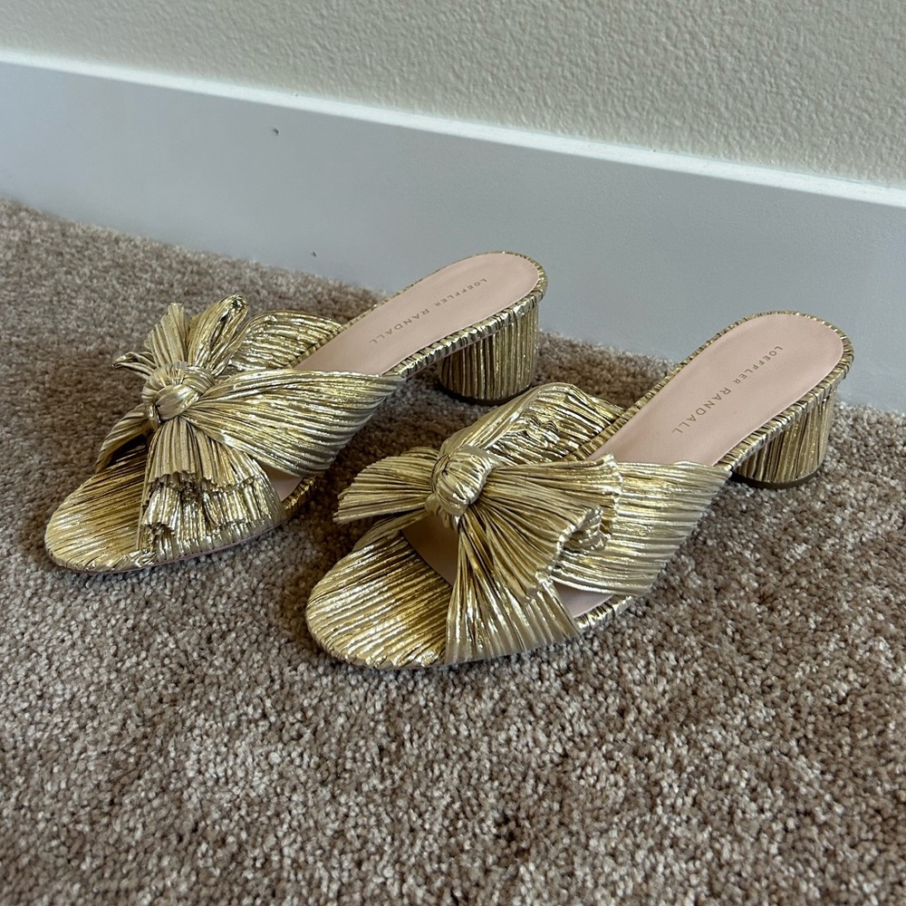Loeffler Randal Emilia Pleated Bow Sandals in Gold